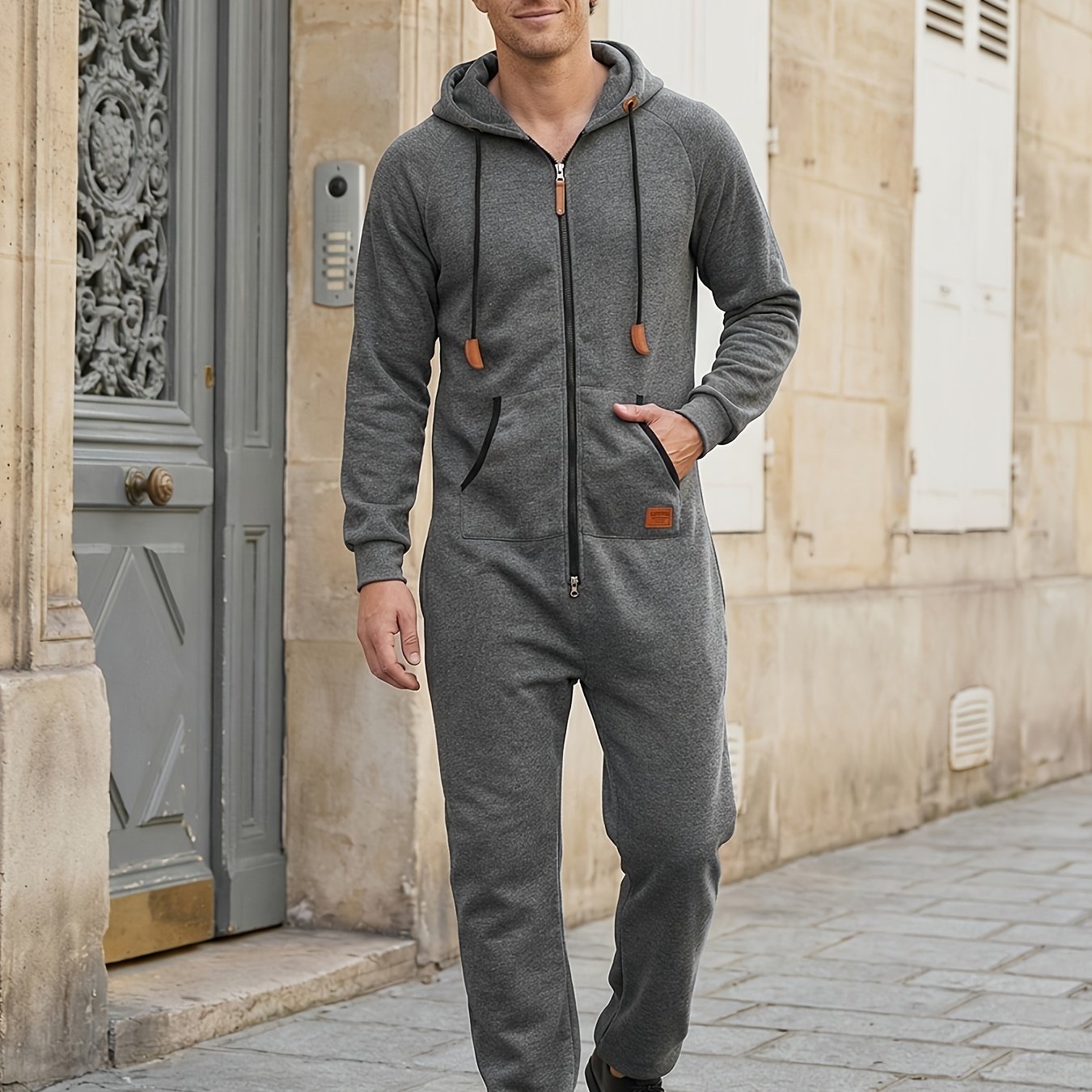 Cole Hampton Men's Hooded Fleece Jumpsuit, Full-Zip with Kangaroo Pocket