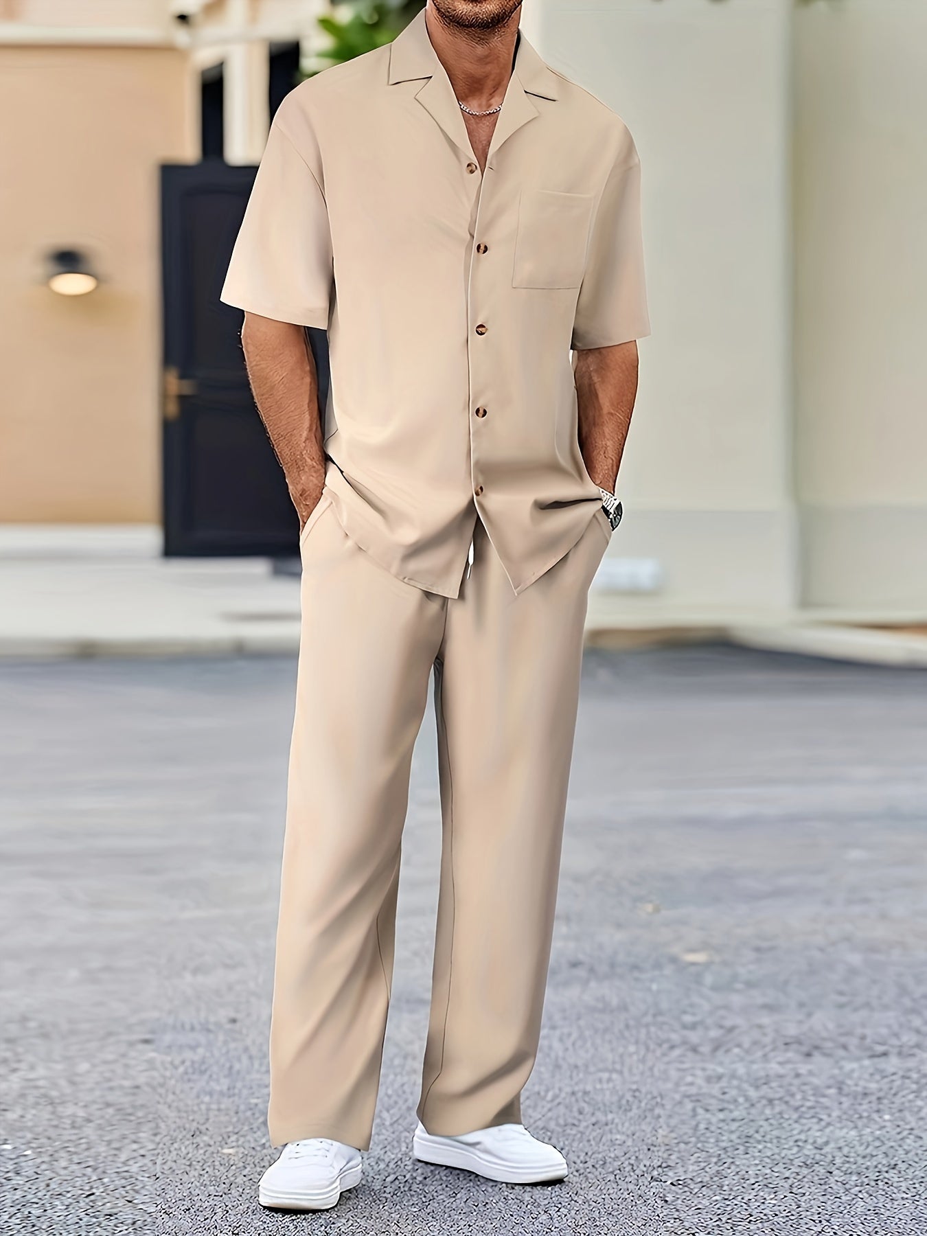 Men's Casual Suit-Inspired Short Sleeve Shirt & Loose Straight Pants Set - Polyester, Machine Washable Cole Hampton