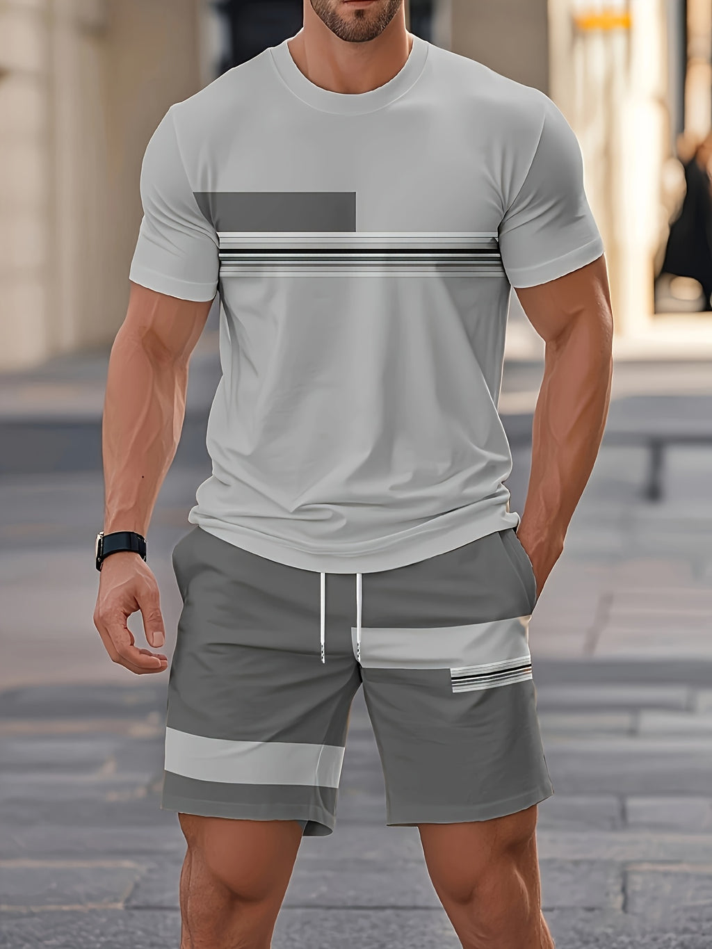Men'S Summer Outdoor Outfit - Quick-Dry T-Shirt And Shorts, Retro Striped Print, Navy Blue And White, Casual Streetwear, Suitable for Fitness, Running, And Casual Wear, Perfect Gift for Birthdays Or Holidays Cole Hampton