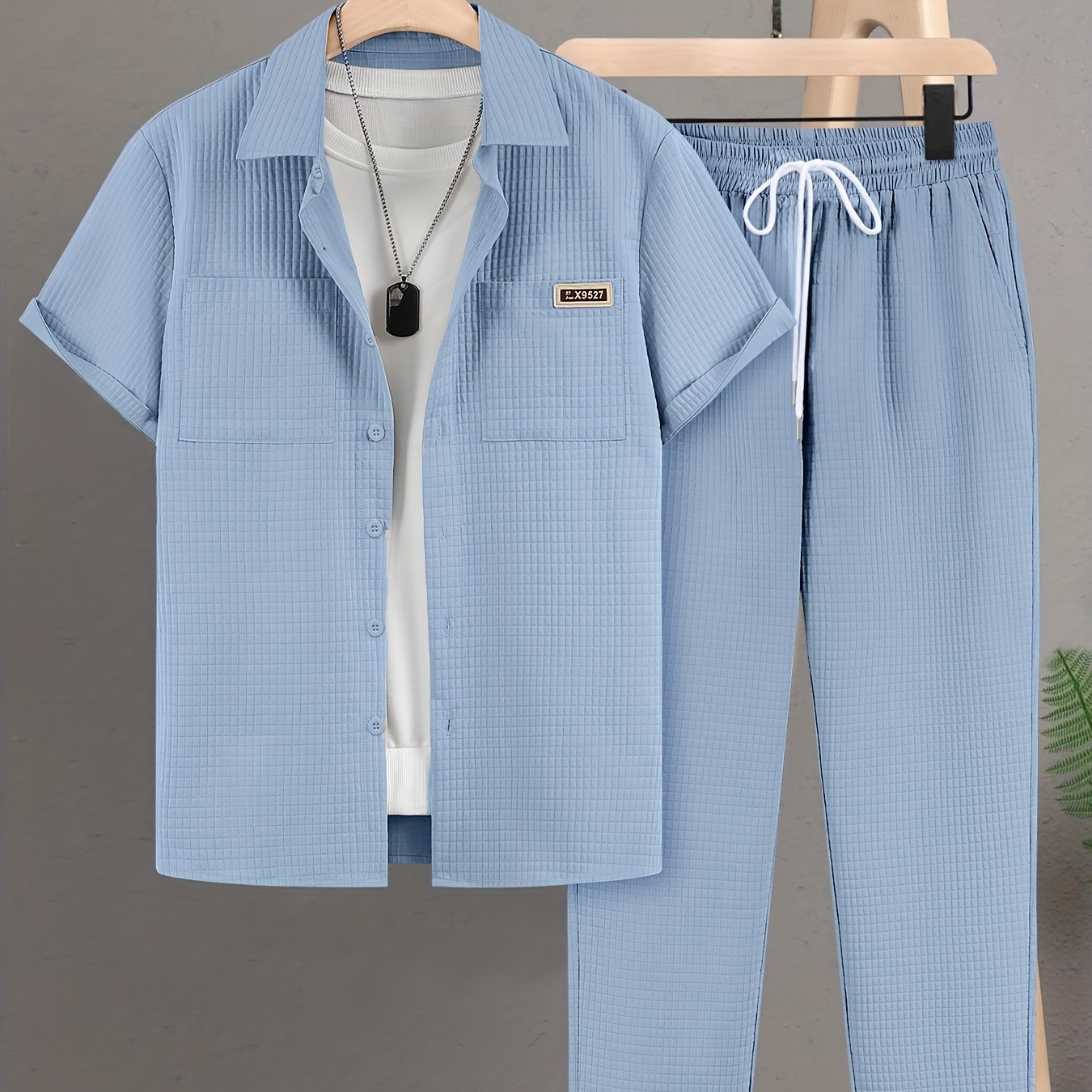 Summer Men'S Casual Bread Check Texture Short Sleeve Long Pants Shirt Set, 100% Polyester, Double-Pocket Shirt, Reversible Collar Woven Short Sleeve Top Machine Washable And Dry Clean Mature Non-Stretch Fashion Suitable for Outdoor/Office/Dating Han Cole Hampton
