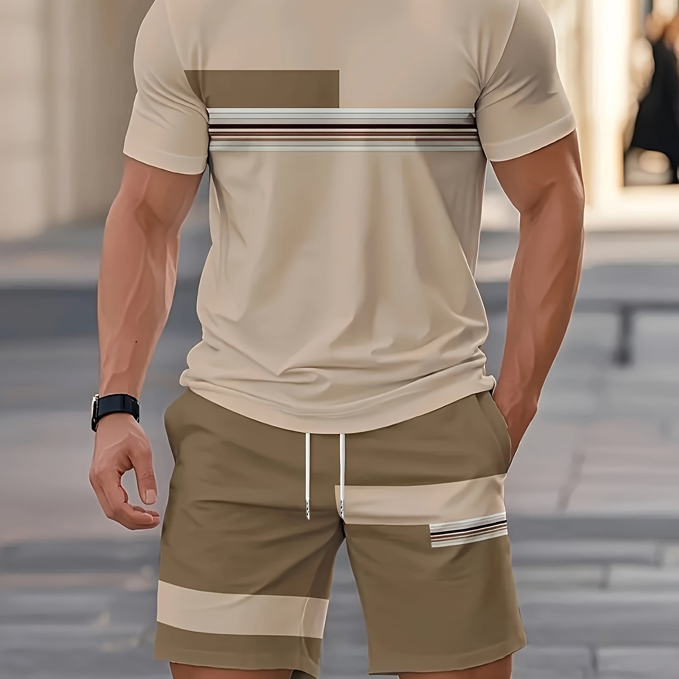 Men'S Summer Outdoor Outfit - Quick-Dry T-Shirt And Shorts, Retro Striped Print, Navy Blue And White, Casual Streetwear, Suitable for Fitness, Running, And Casual Wear, Perfect Gift for Birthdays Or Holidays Cole Hampton