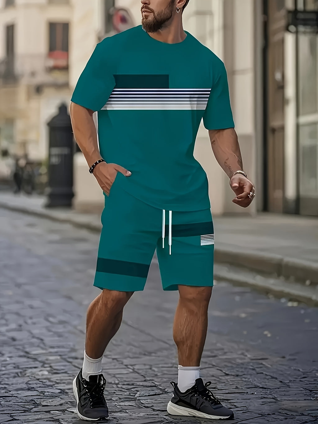 Men's Outdoor Outfit Set, Summer Trendy Fashion Short-Sleeve Crew Neck Creative Quick-Dry T-Shirt Top + Shorts, 3D Digital Print Vintage Style Striped Contrast Color Pattern, A Must-Have for Street Trendsetters, Suitable for Daily Casual Cole Hampton