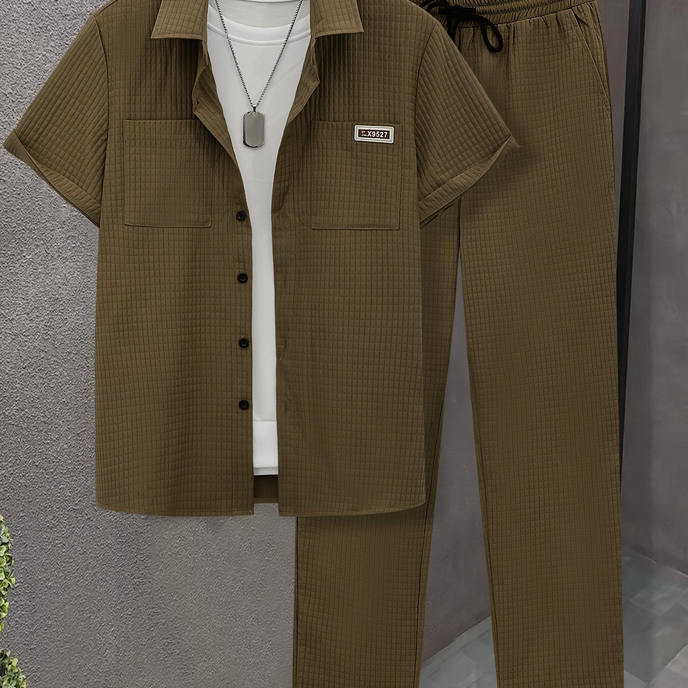 Summer Men'S Casual Bread Check Texture Short Sleeve Long Pants Shirt Set, 100% Polyester, Double-Pocket Shirt, Reversible Collar Woven Short Sleeve Top Machine Washable And Dry Clean Mature Non-Stretch Fashion Suitable for Outdoor/Office/Dating Han Cole Hampton