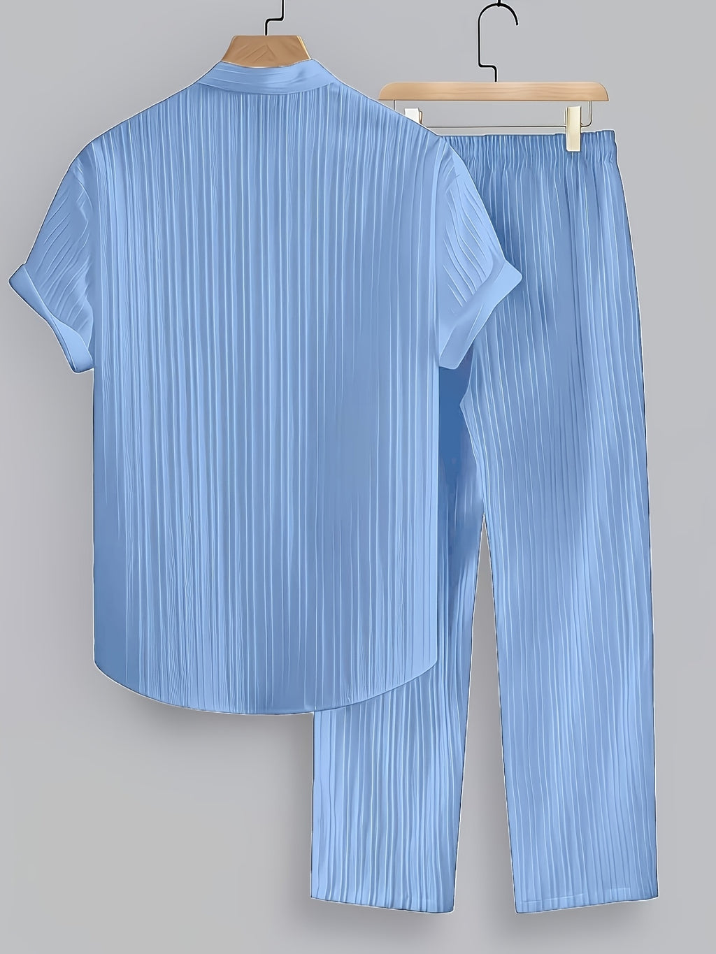 2pcs Men'S Summer Casual Striped Polyester Suit, Short-Sleeved Stand Collar Shirt And Drawstring Pants, Non-Stretch Woven Fabric, Regular Fit Suitable for Daily Wear And Beach Vacation, Solid Color, Beach Vacation Cole Hampton