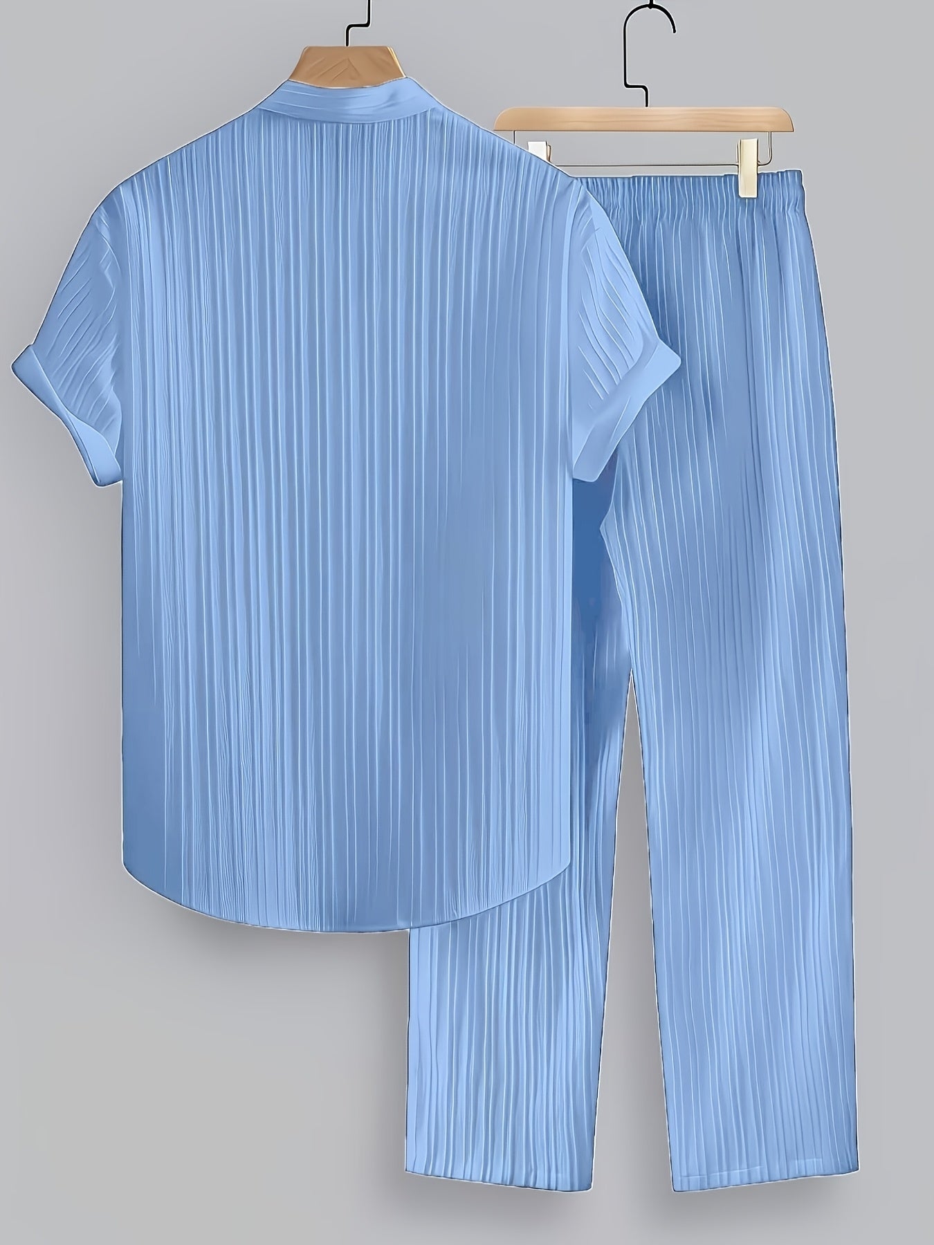 2pcs Men'S Summer Casual Striped Polyester Suit, Short-Sleeved Stand Collar Shirt And Drawstring Pants, Non-Stretch Woven Fabric, Regular Fit Suitable for Daily Wear And Beach Vacation, Solid Color, Beach Vacation Cole Hampton