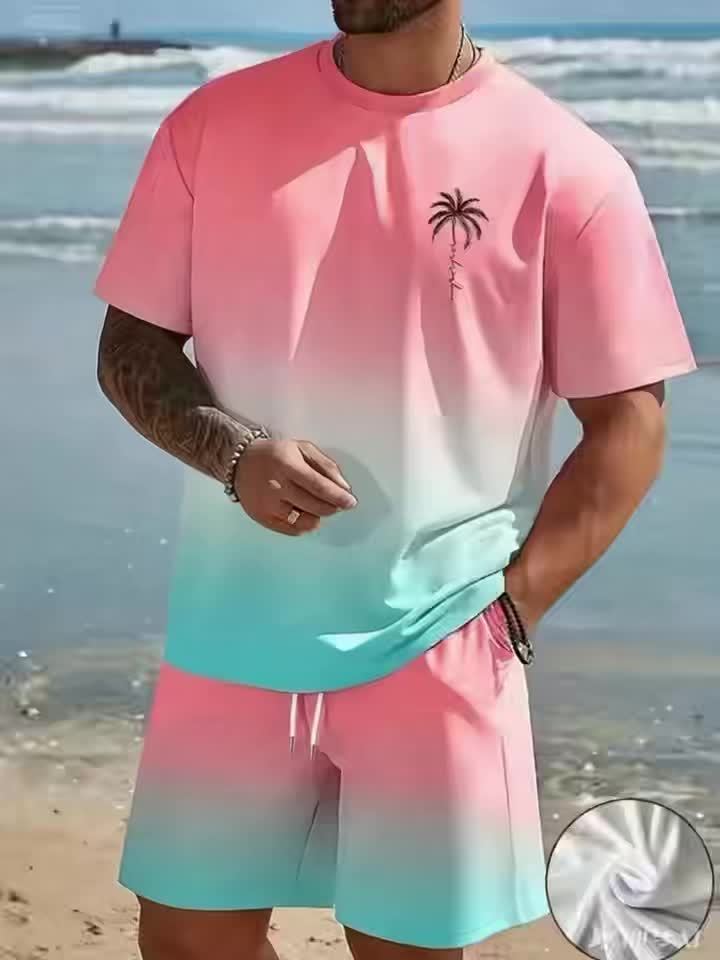 Men's fashion crewneck short-sleeved shorts two-piece set, 3D digital printing HD pattern, summer leisure and comfortable vacation sports Men's wear Cole Hampton