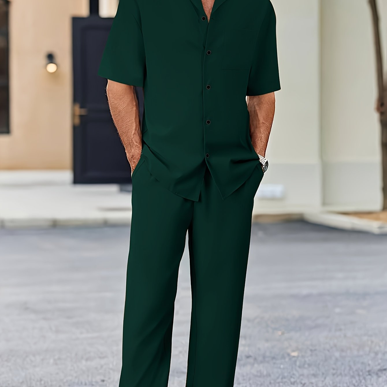 Men's Casual Suit-Inspired Short Sleeve Shirt & Loose Straight Pants Set - Polyester, Machine Washable Cole Hampton
