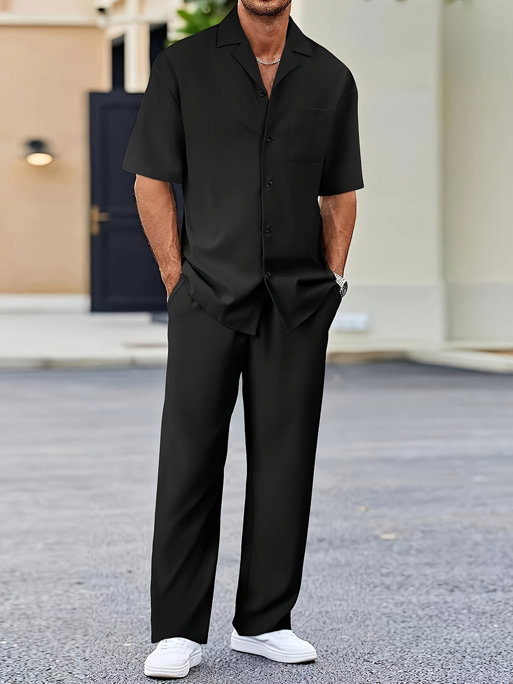 Men's Casual Suit-Inspired Short Sleeve Shirt & Loose Straight Pants Set - Polyester, Machine Washable Cole Hampton