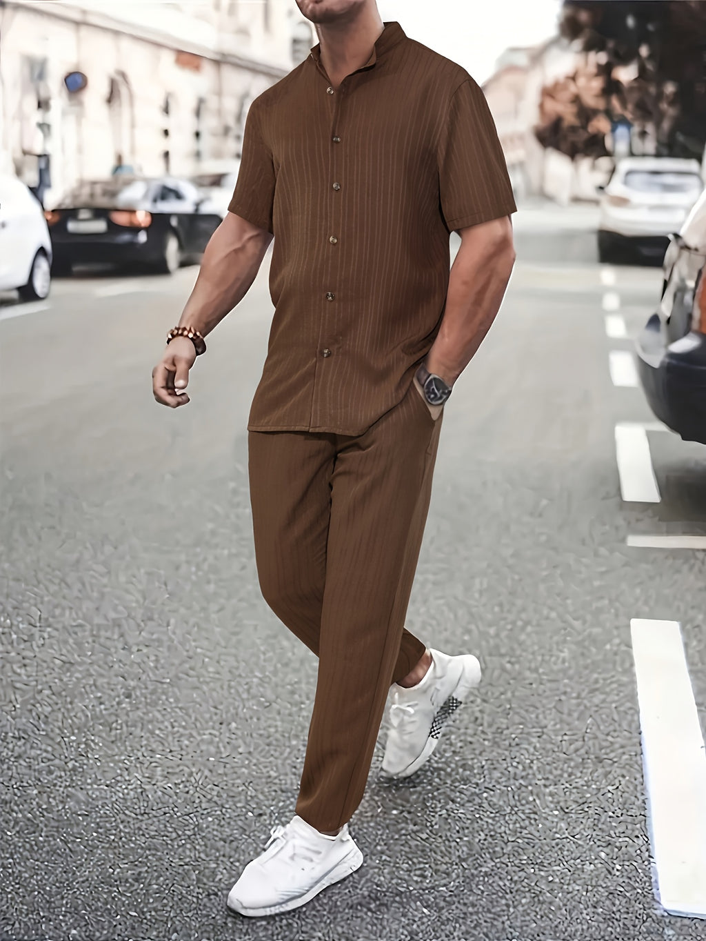 Men's New Trend Textured Wave Stripe Short Sleeve Long Pants Casual Set Cole Hampton