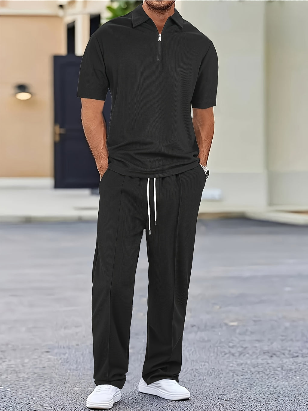 2pcs Men's Waffle Knit Casual Set with Zip-up Short-sleeve Lapel Shirt and Drawstring Pants, Suitable for Casual Daily Wear in Spring and Summer Cole Hampton