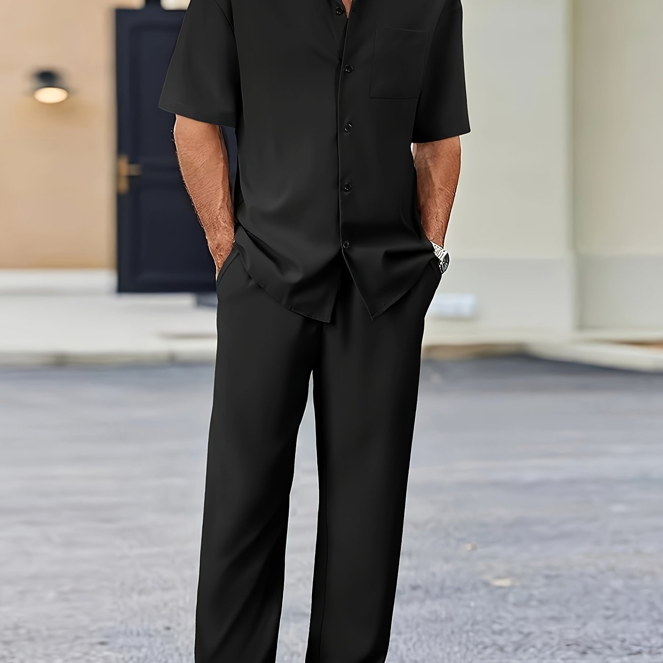 Men's Casual Suit-Inspired Short Sleeve Shirt & Loose Straight Pants Set - Polyester, Machine Washable Cole Hampton