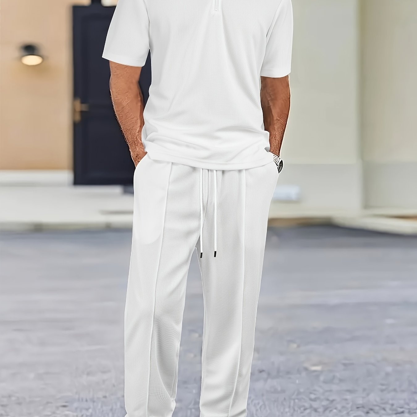 2pcs Men's Waffle Knit Casual Set with Zip-up Short-sleeve Lapel Shirt and Drawstring Pants, Suitable for Casual Daily Wear in Spring and Summer Cole Hampton