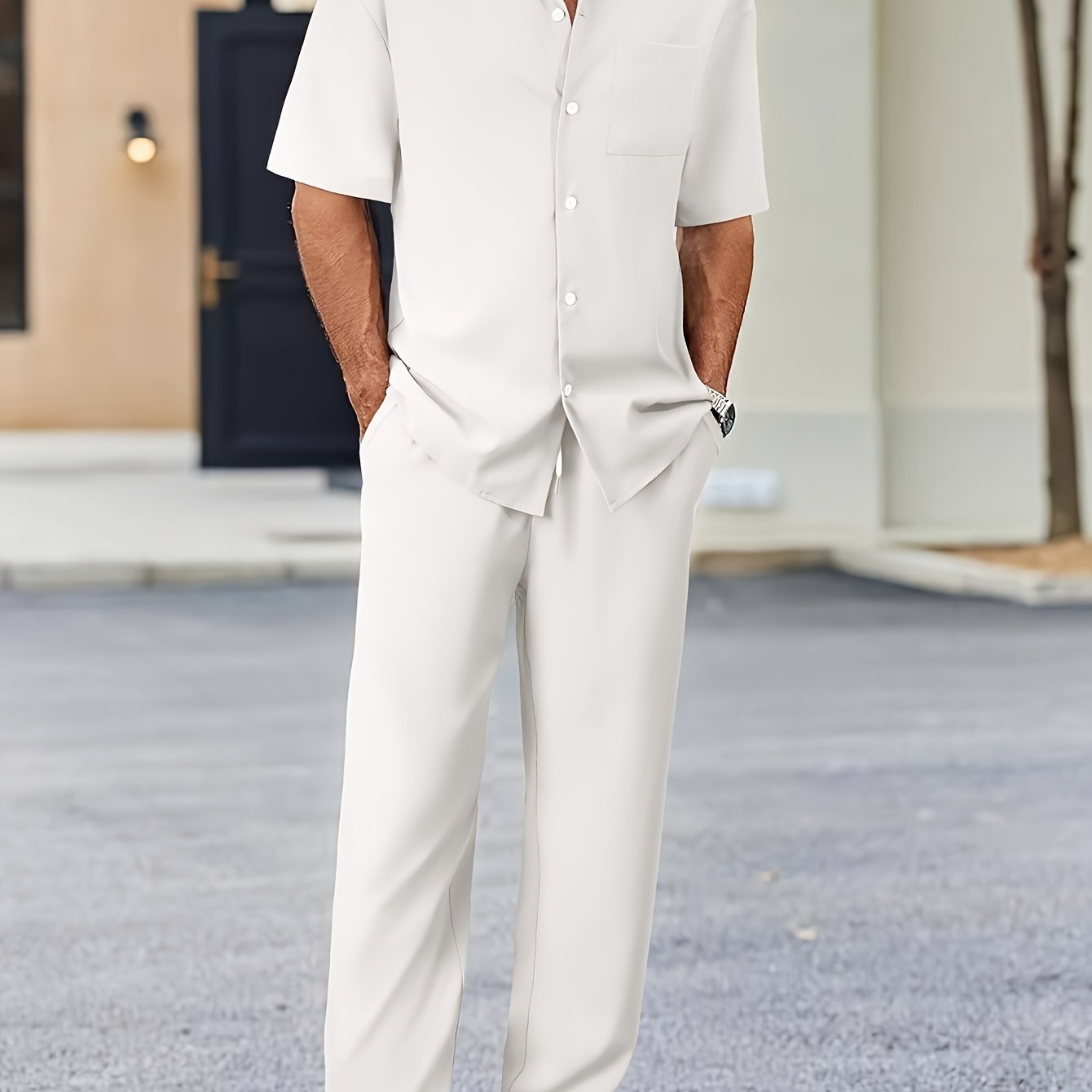 Men's Casual Suit-Inspired Short Sleeve Shirt & Loose Straight Pants Set - Polyester, Machine Washable Cole Hampton