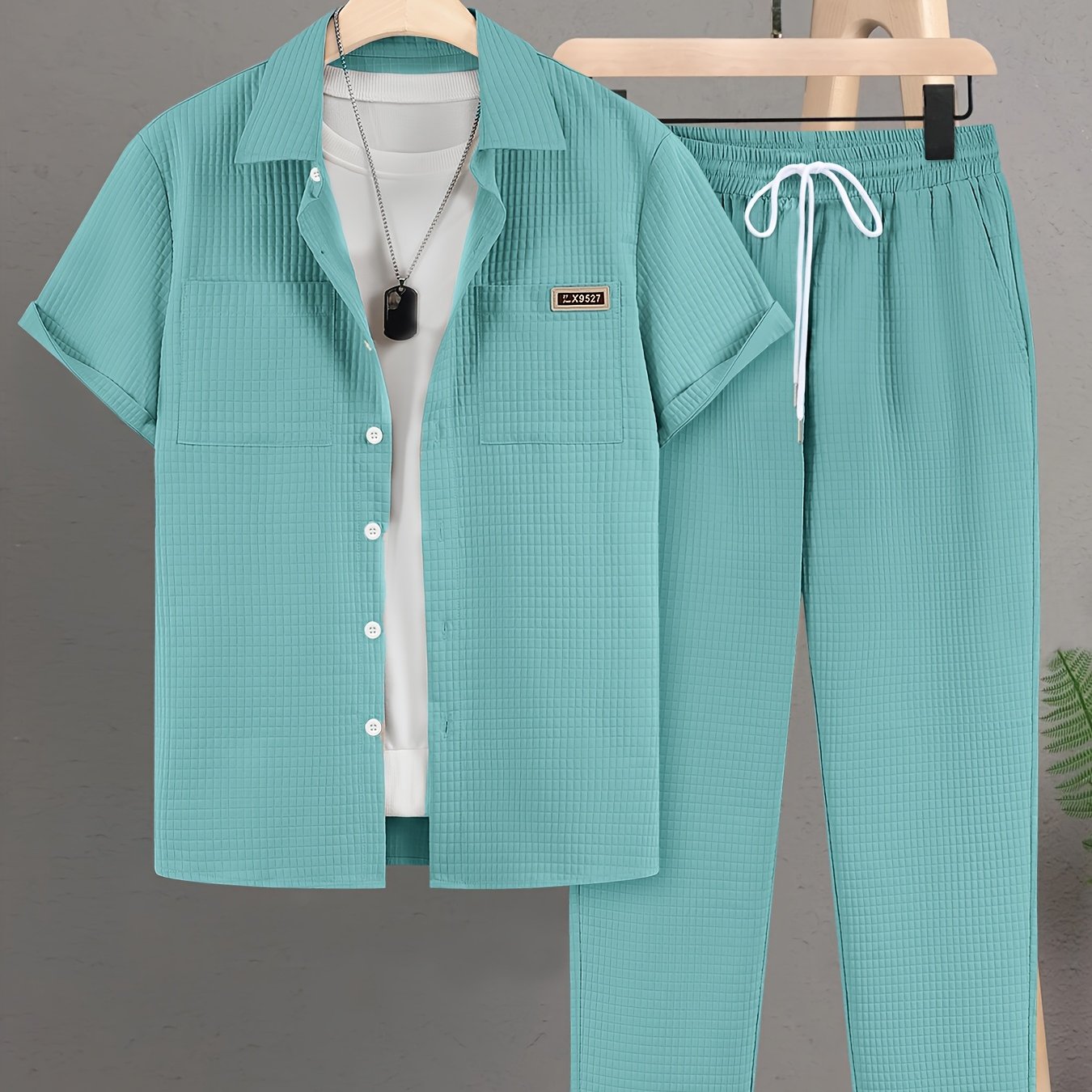 Summer Men'S Casual Bread Check Texture Short Sleeve Long Pants Shirt Set, 100% Polyester, Double-Pocket Shirt, Reversible Collar Woven Short Sleeve Top Machine Washable And Dry Clean Mature Non-Stretch Fashion Suitable for Outdoor/Office/Dating Han Cole Hampton