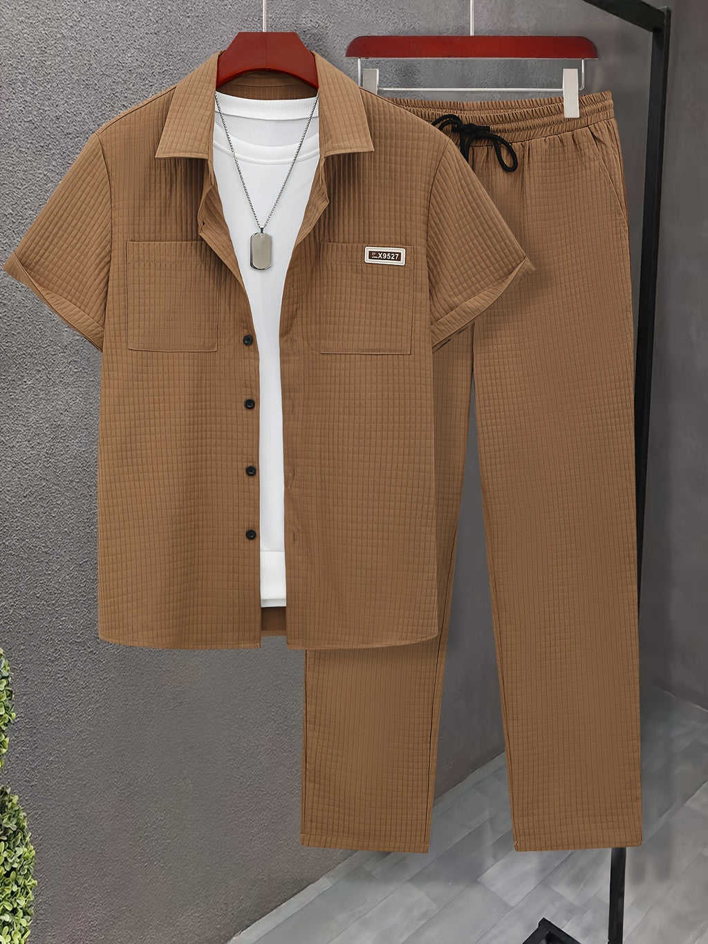 Summer Men'S Casual Bread Check Texture Short Sleeve Long Pants Shirt Set, 100% Polyester, Double-Pocket Shirt, Reversible Collar Woven Short Sleeve Top Machine Washable And Dry Clean Mature Non-Stretch Fashion Suitable for Outdoor/Office/Dating Han Cole Hampton