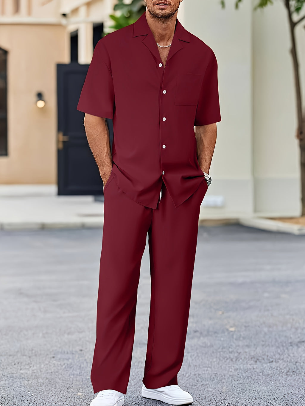 Men's Casual Suit-Inspired Short Sleeve Shirt & Loose Straight Pants Set - Polyester, Machine Washable Cole Hampton