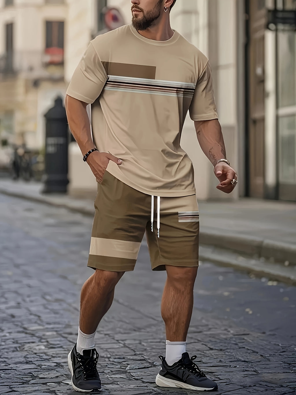 Men'S Summer Outdoor Outfit - Quick-Dry T-Shirt And Shorts, Retro Striped Print, Navy Blue And White, Casual Streetwear, Suitable for Fitness, Running, And Casual Wear, Perfect Gift for Birthdays Or Holidays Cole Hampton