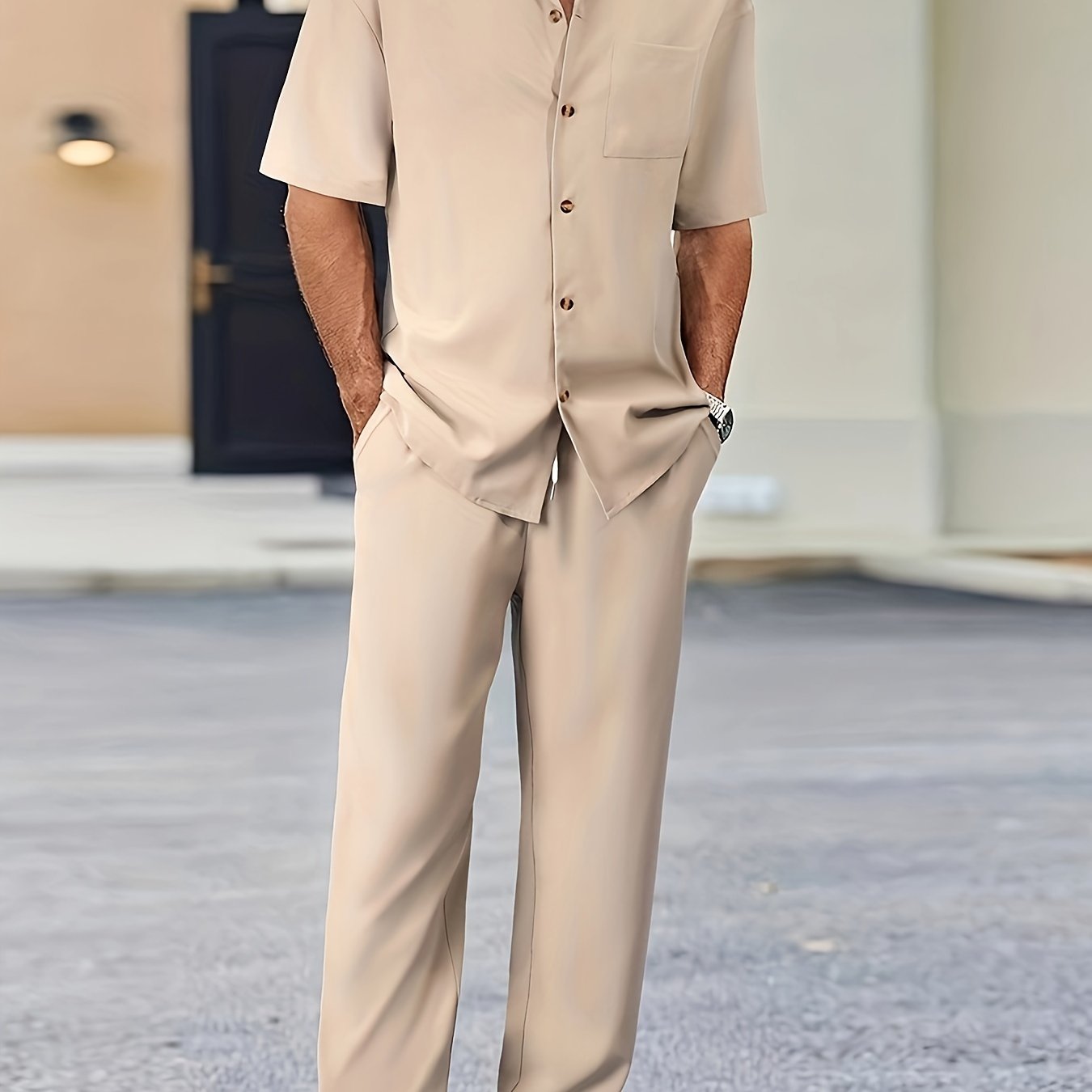 Men's Casual Suit-Inspired Short Sleeve Shirt & Loose Straight Pants Set - Polyester, Machine Washable Cole Hampton
