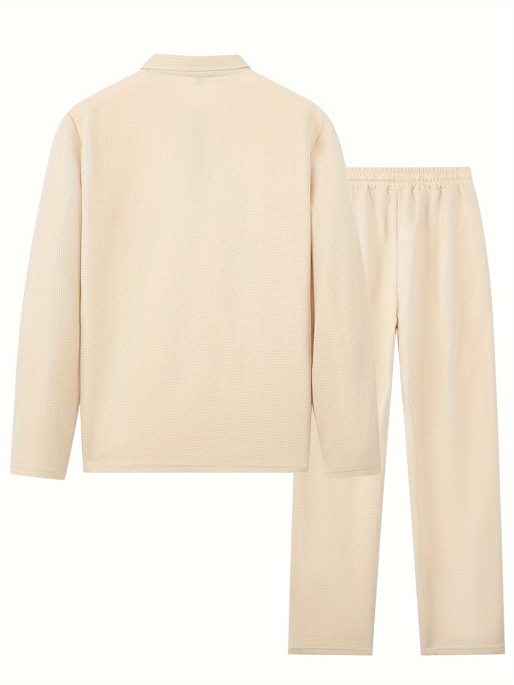Men's 2pcs Solid Color Waffle Knit Casual Set: Long Sleeve Lapel Shirt, Long Sleeve Sweatshirt, and Solid Color Drawstring Pants. A Chic and Comfortable Casual Set Suitable for Men's Daily Casual Wear, Vacation Wear, and Spring/autumn Menswear Cole Hampton