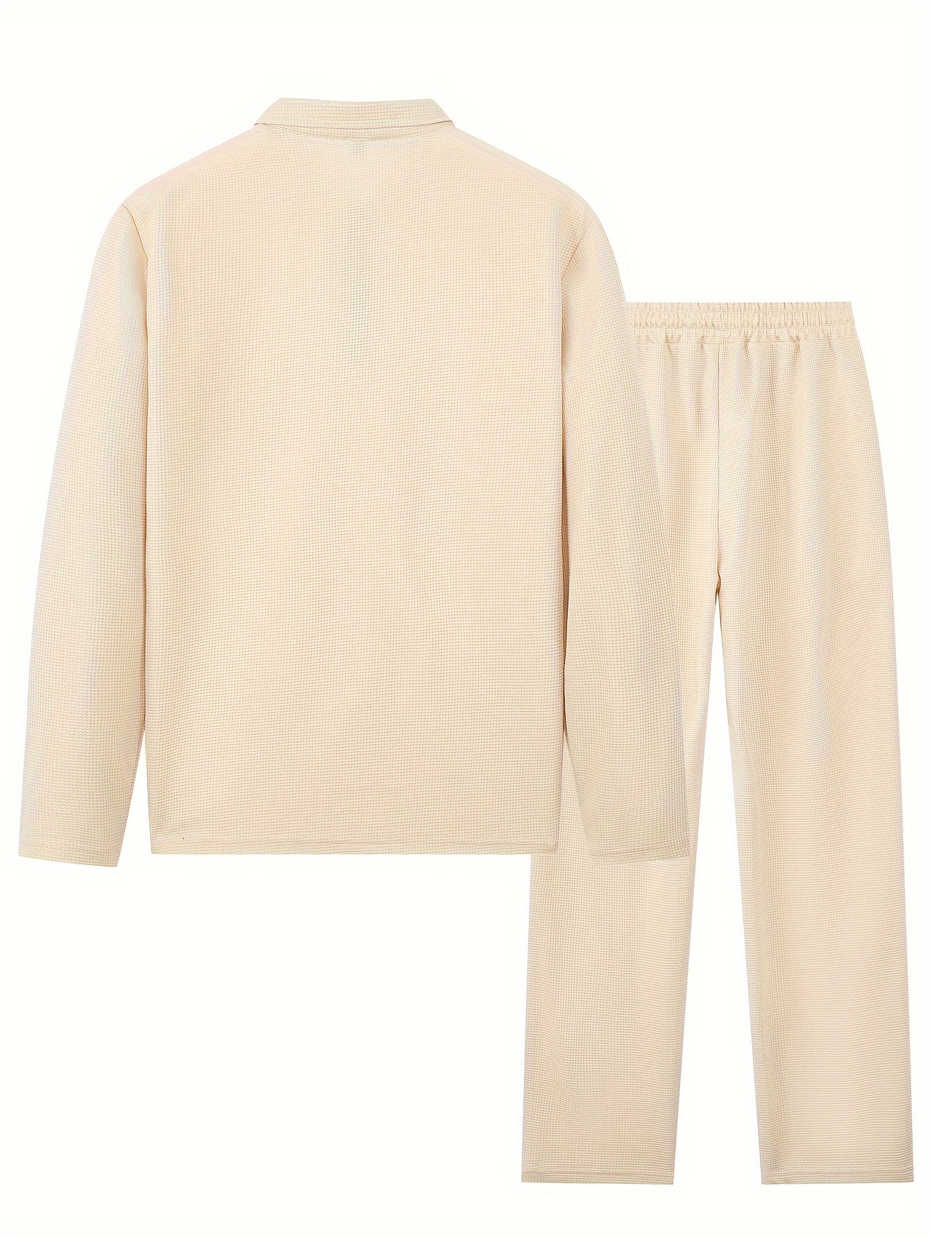 Men's 2pcs Solid Color Waffle Knit Casual Set: Long Sleeve Lapel Shirt, Long Sleeve Sweatshirt, and Solid Color Drawstring Pants. A Chic and Comfortable Casual Set Suitable for Men's Daily Casual Wear, Vacation Wear, and Spring/autumn Menswear Cole Hampton