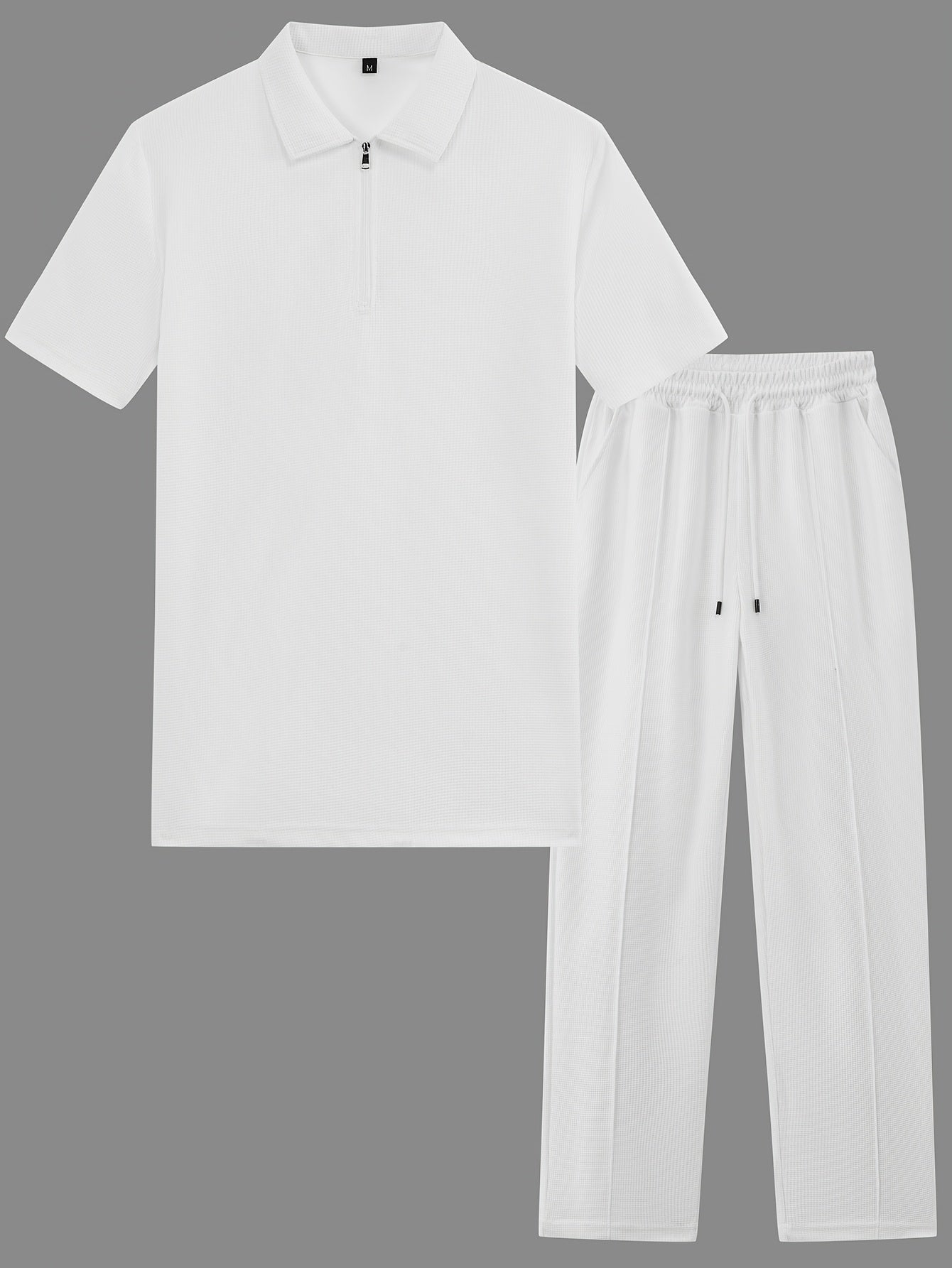 2pcs Men's Waffle Knit Casual Set with Zip-up Short-sleeve Lapel Shirt and Drawstring Pants, Suitable for Casual Daily Wear in Spring and Summer Cole Hampton