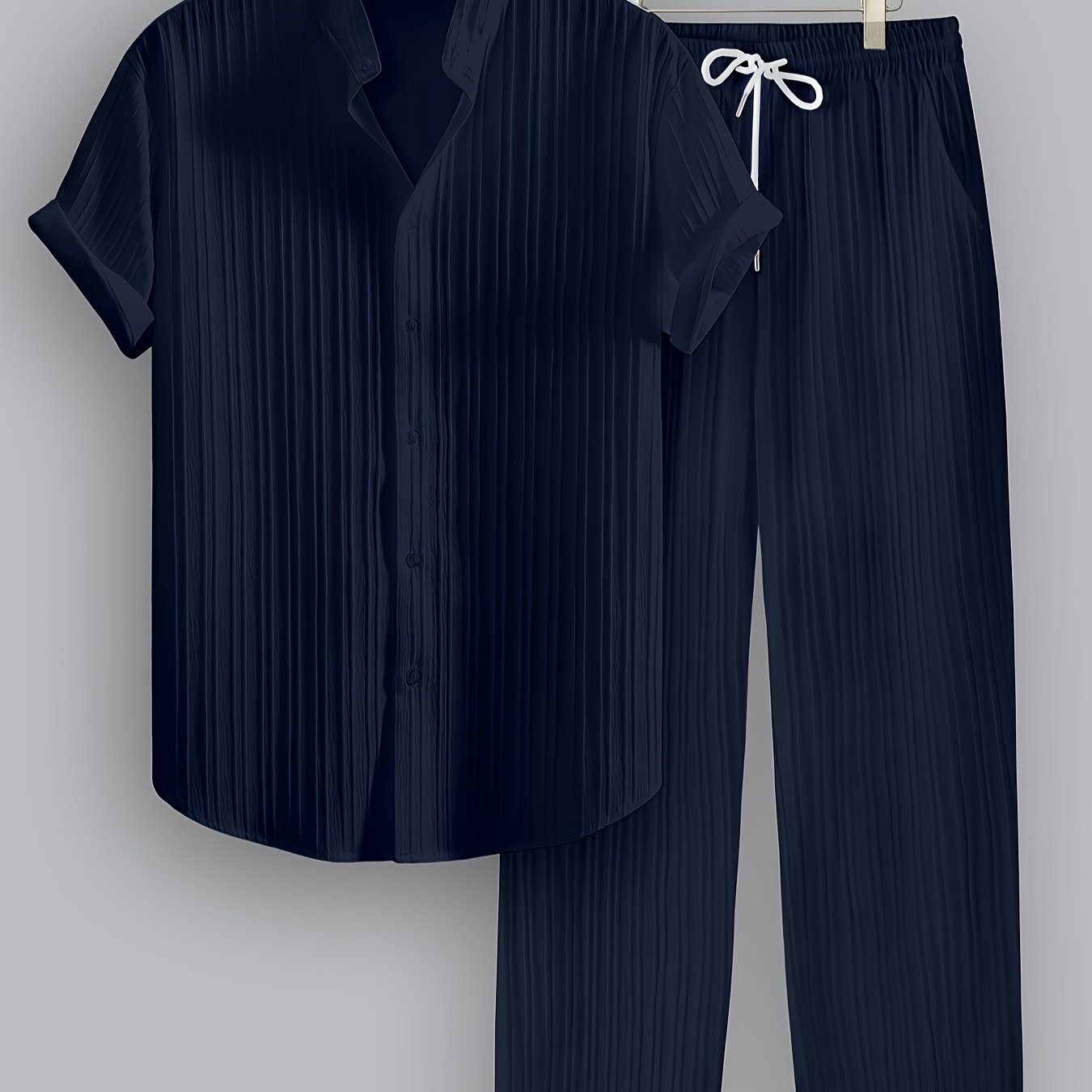 2pcs Men'S Summer Casual Striped Polyester Suit, Short-Sleeved Stand Collar Shirt And Drawstring Pants, Non-Stretch Woven Fabric, Regular Fit Suitable for Daily Wear And Beach Vacation, Solid Color, Beach Vacation Cole Hampton