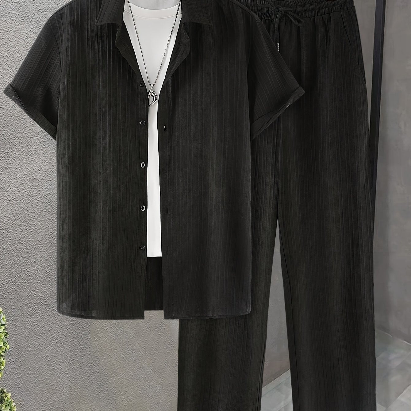 Men's Striped Casual Short-Sleeve Shirt + Casual Drawstring Lined Long Pants 2pcs Set with Elastic Waistband for Holiday Leisure Outings Cole Hampton