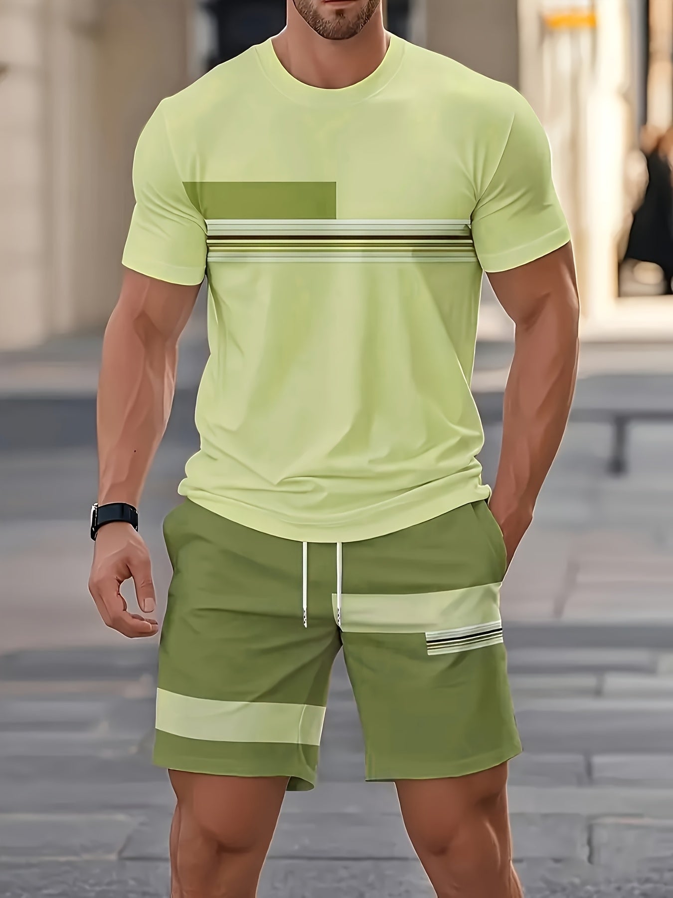 Men's Outdoor Outfit Set, Summer Trendy Fashion Short-Sleeve Crew Neck Creative Quick-Dry T-Shirt Top + Shorts, 3D Digital Print Vintage Style Striped Contrast Color Pattern, A Must-Have for Street Trendsetters, Suitable for Daily Casual Cole Hampton