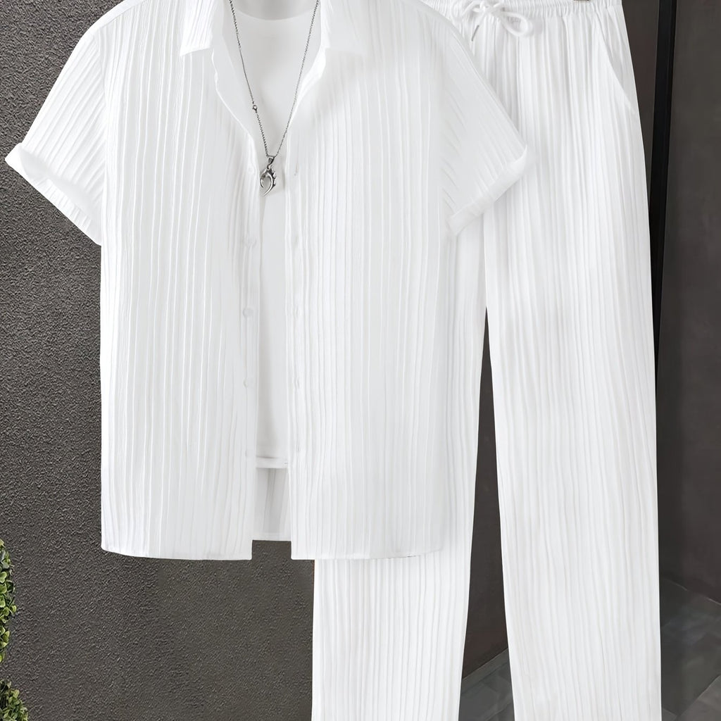 Men's Striped Casual Short-Sleeve Shirt + Casual Drawstring Lined Long Pants 2pcs Set with Elastic Waistband for Holiday Leisure Outings Cole Hampton