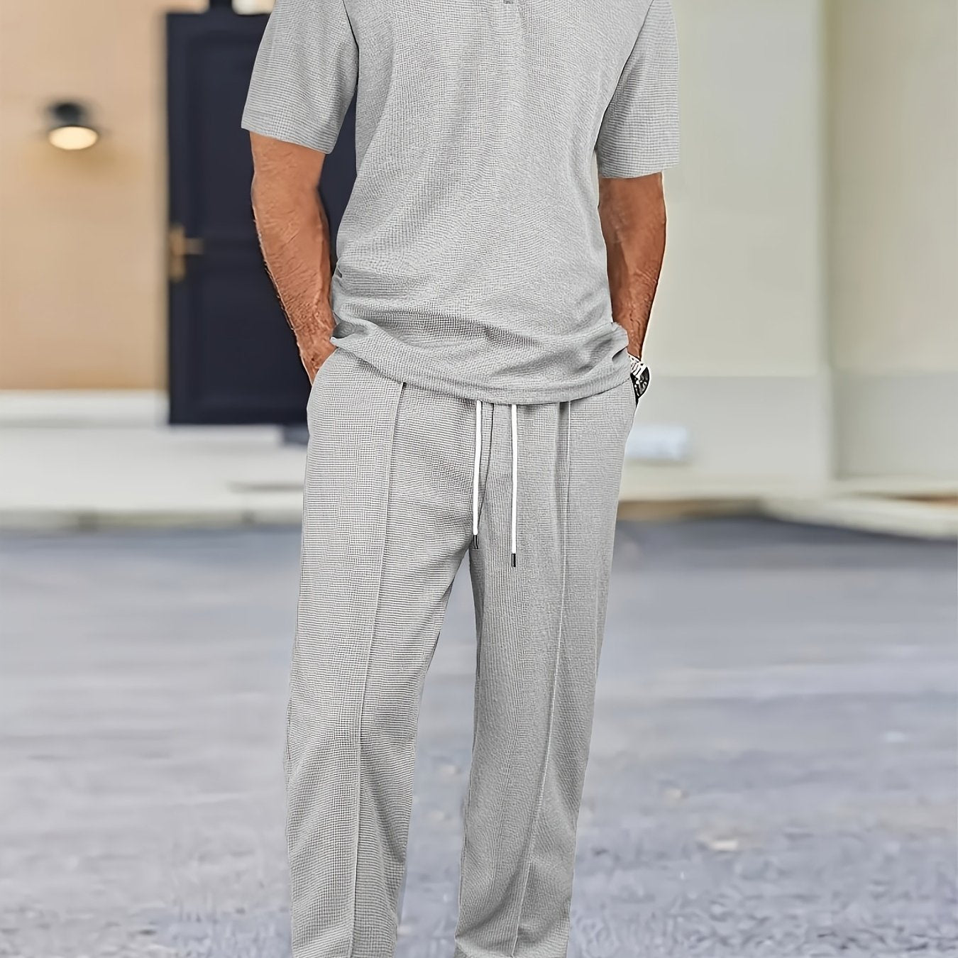 2pcs Men's Waffle Knit Casual Set with Zip-up Short-sleeve Lapel Shirt and Drawstring Pants, Suitable for Casual Daily Wear in Spring and Summer Cole Hampton