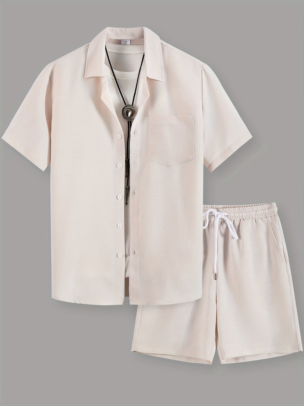 OBM Starry Men'S Solid Color Fresh Pocket Short Sleeve Shirt And Drawstring Double Slant Pockets Shorts Set Cole Hampton
