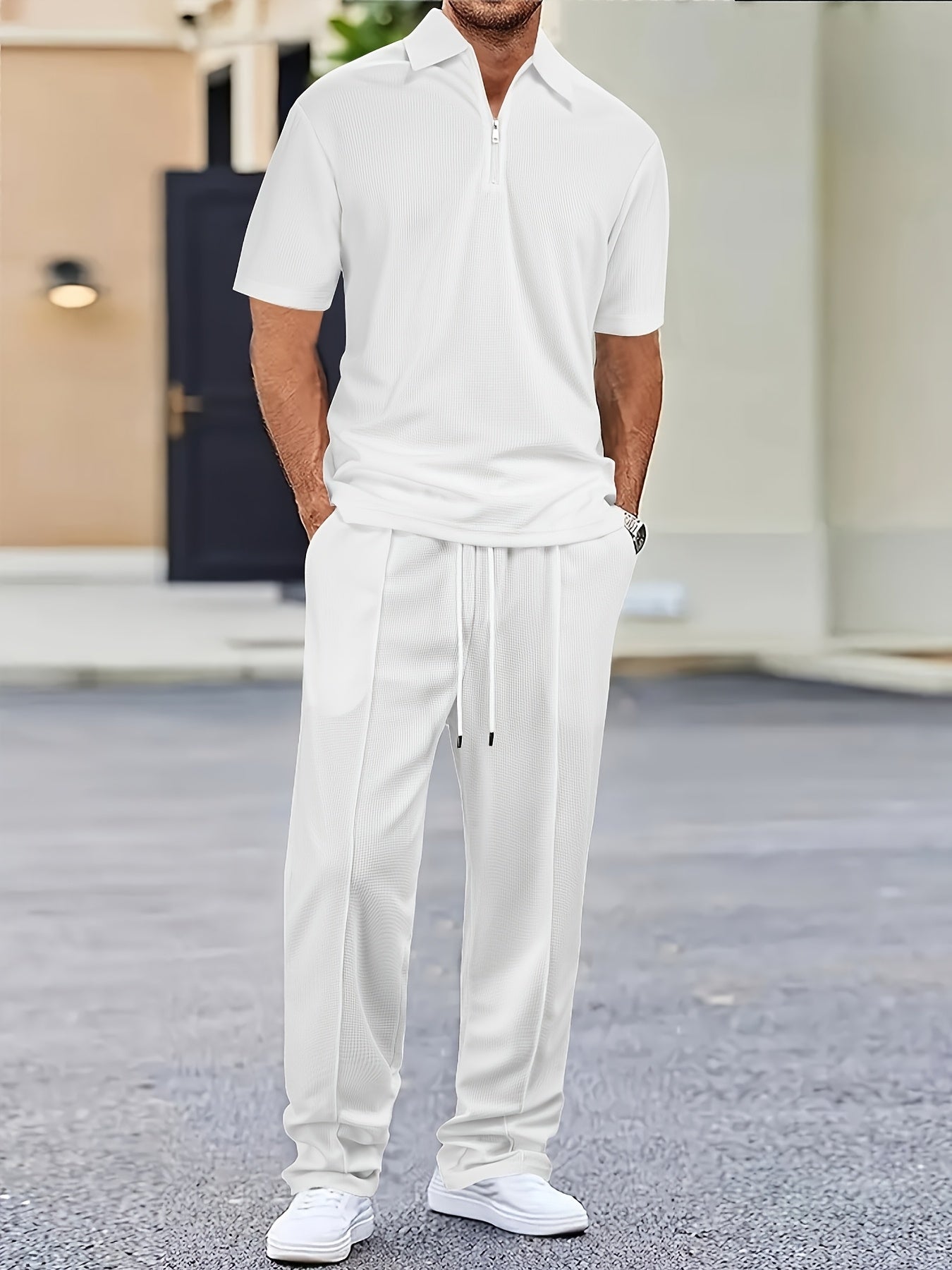 2pcs Men's Waffle Knit Casual Set with Zip-up Short-sleeve Lapel Shirt and Drawstring Pants, Suitable for Casual Daily Wear in Spring and Summer Cole Hampton