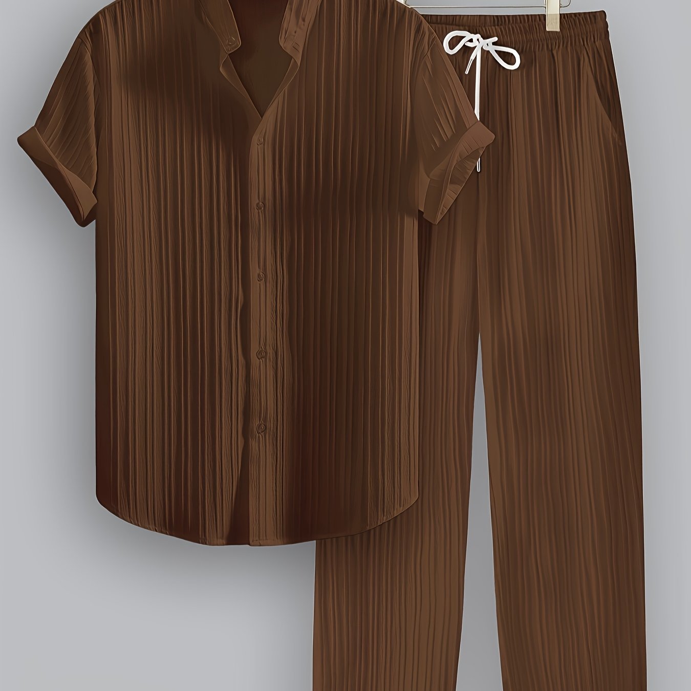 2pcs Men'S Summer Casual Striped Polyester Suit, Short-Sleeved Stand Collar Shirt And Drawstring Pants, Non-Stretch Woven Fabric, Regular Fit Suitable for Daily Wear And Beach Vacation, Solid Color, Beach Vacation Cole Hampton