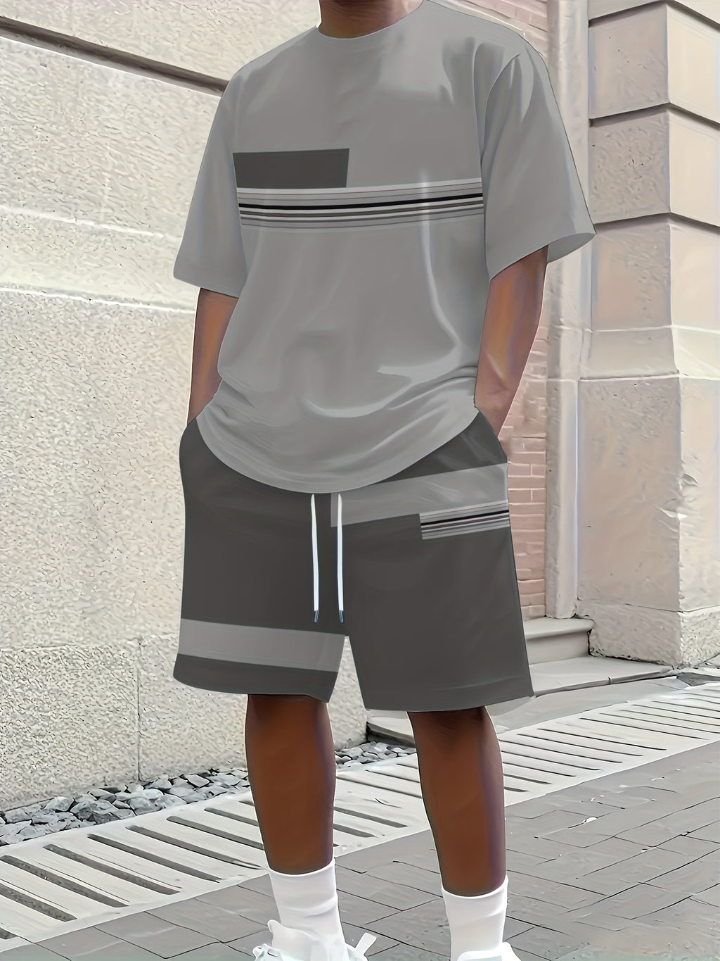 Men'S Summer Outdoor Outfit - Quick-Dry T-Shirt And Shorts, Retro Striped Print, Navy Blue And White, Casual Streetwear, Suitable for Fitness, Running, And Casual Wear, Perfect Gift for Birthdays Or Holidays Cole Hampton