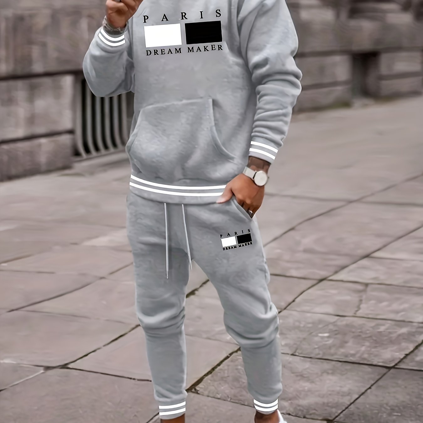 2025 New Men'S Paris Letter Print Hooded Sweatshirt And Drawstring Waist Sweatpants Set, Gift for Boyfriend Cole Hampton