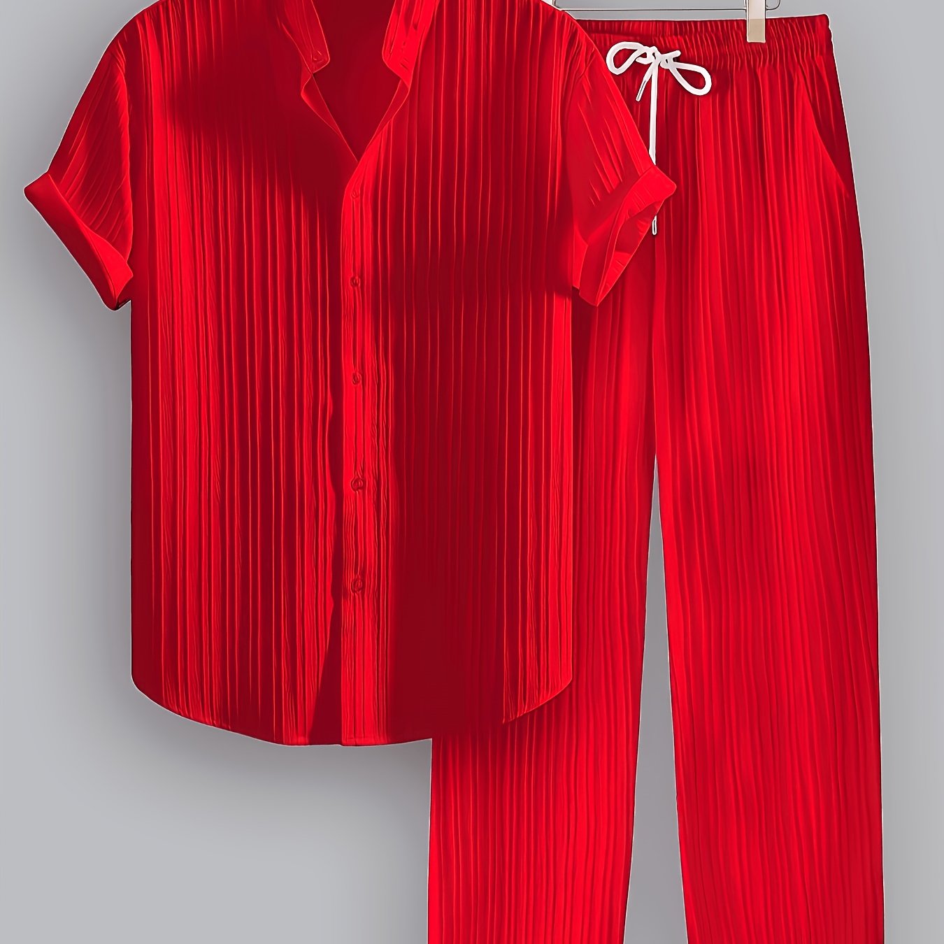 2pcs Men'S Summer Casual Striped Polyester Suit, Short-Sleeved Stand Collar Shirt And Drawstring Pants, Non-Stretch Woven Fabric, Regular Fit Suitable for Daily Wear And Beach Vacation, Solid Color, Beach Vacation Cole Hampton