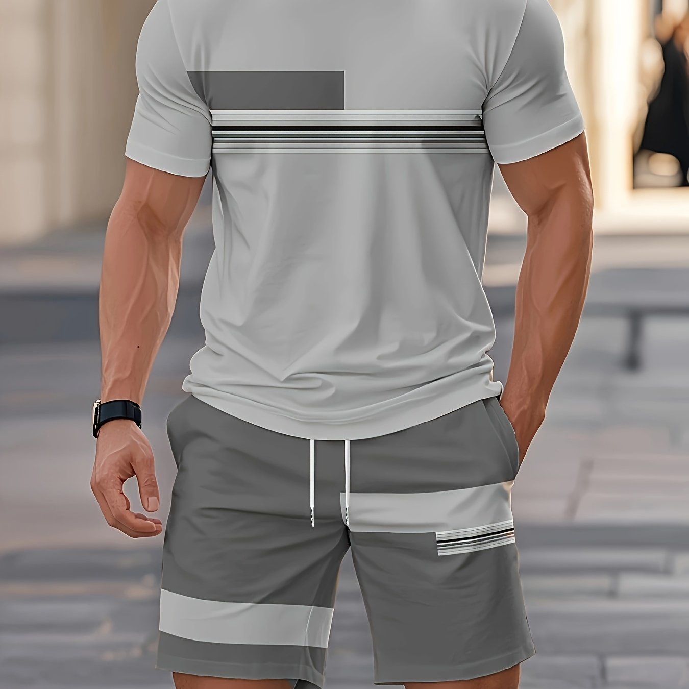 Men'S Summer Outdoor Outfit - Quick-Dry T-Shirt And Shorts, Retro Striped Print, Navy Blue And White, Casual Streetwear, Suitable for Fitness, Running, And Casual Wear, Perfect Gift for Birthdays Or Holidays Cole Hampton