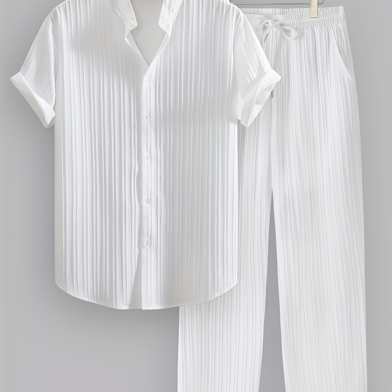 2pcs Men'S Summer Casual Striped Polyester Suit, Short-Sleeved Stand Collar Shirt And Drawstring Pants, Non-Stretch Woven Fabric, Regular Fit Suitable for Daily Wear And Beach Vacation, Solid Color, Beach Vacation Cole Hampton