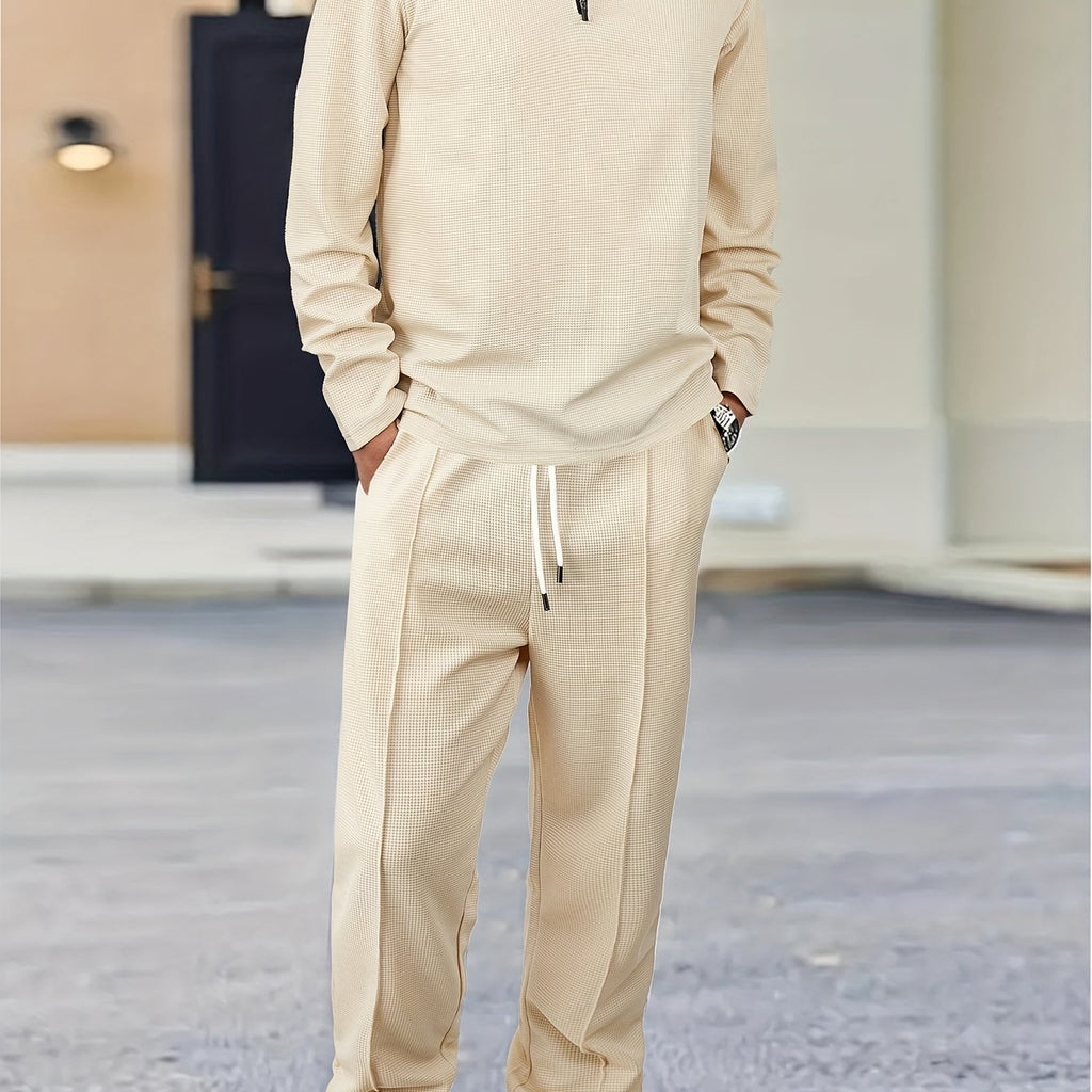 Men's 2pcs Solid Color Waffle Knit Casual Set: Long Sleeve Lapel Shirt, Long Sleeve Sweatshirt, and Solid Color Drawstring Pants. A Chic and Comfortable Casual Set Suitable for Men's Daily Casual Wear, Vacation Wear, and Spring/autumn Menswear Cole Hampton