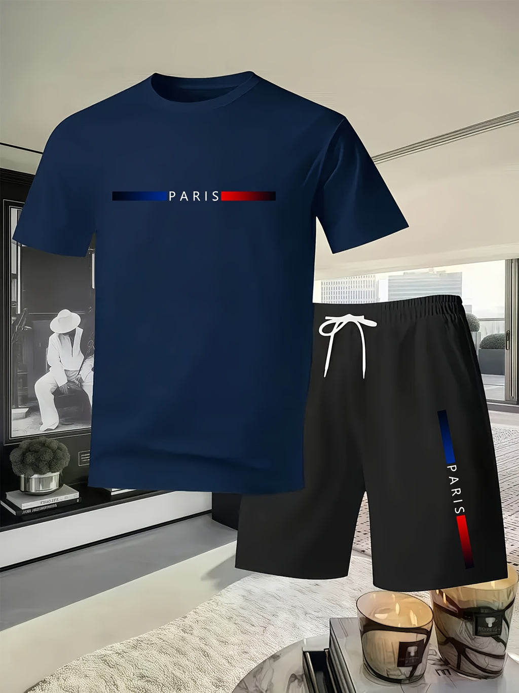 Summer Trend PARIS Print Pattern, Men's Fashion Casual T-shirt and Shorts Set Cole Hampton