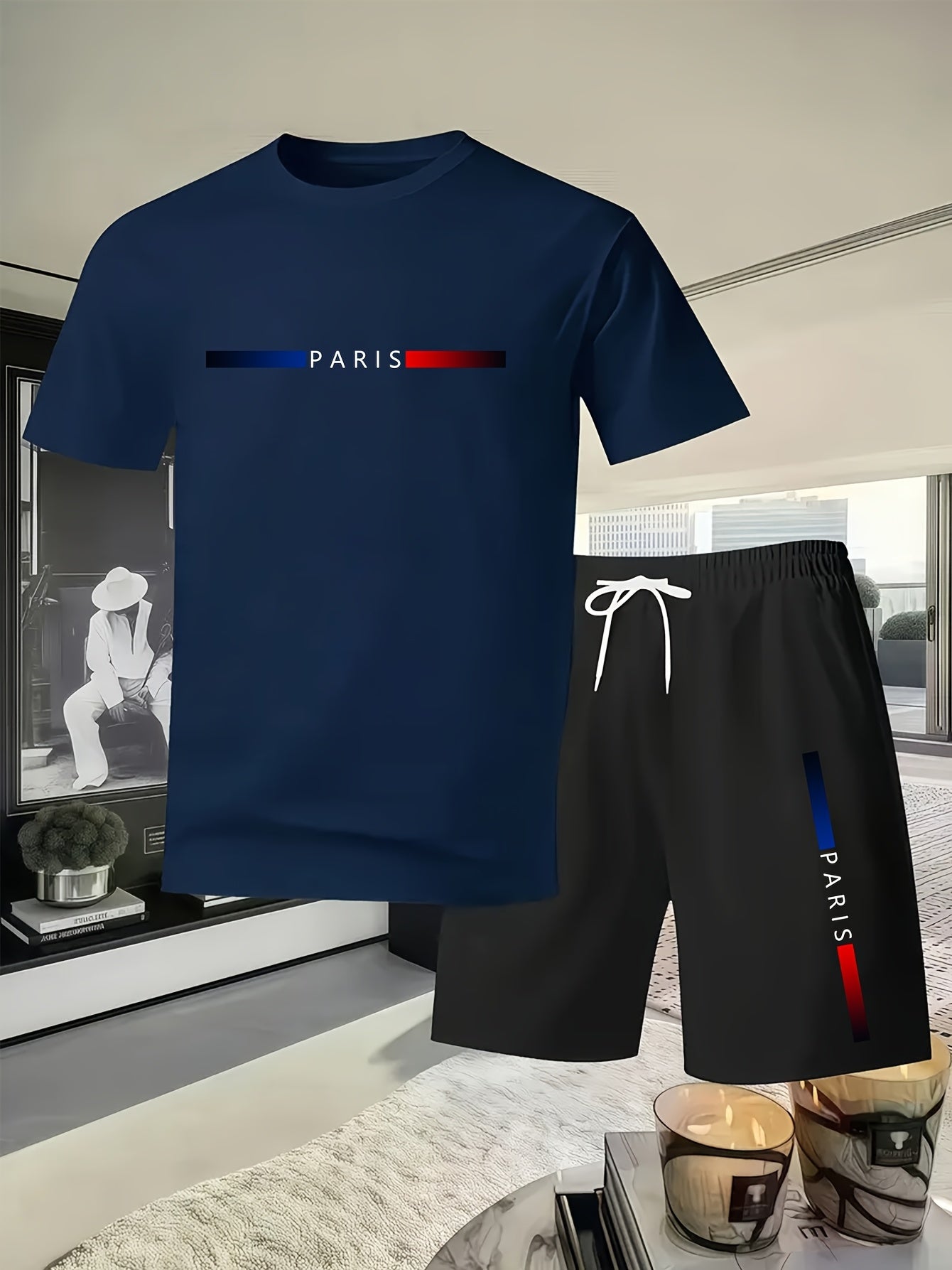 Summer Trend PARIS Print Pattern, Men's Fashion Casual T-shirt and Shorts Set Cole Hampton