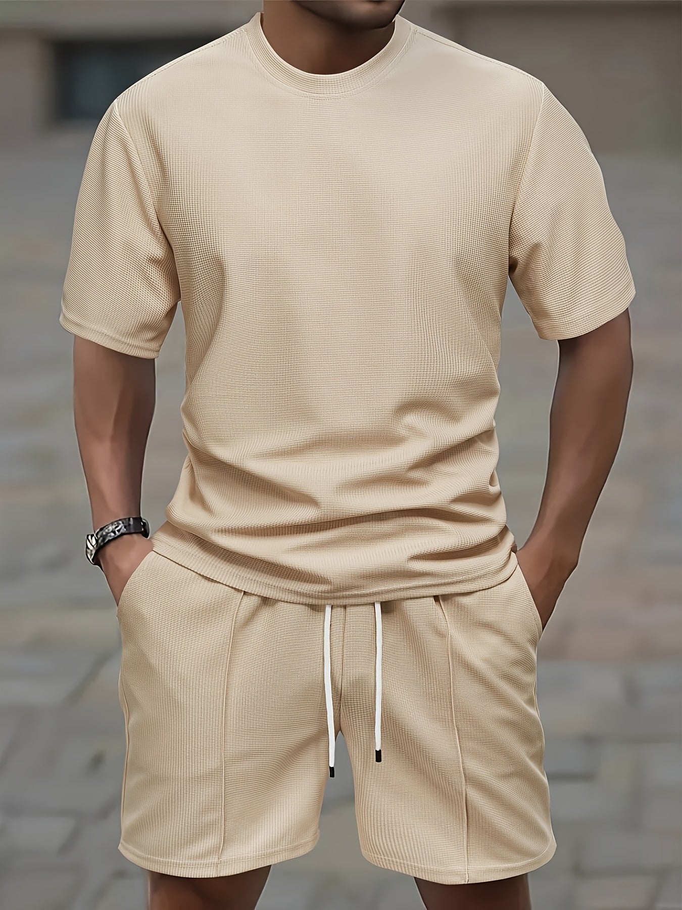 Men'S Waffle Round Neck Short Sleeve T-Shirt And Drawstring Shorts 2pcs Casual Athletic Regular Fit T-Shirt Top Spring Summer Outfit Cole Hampton