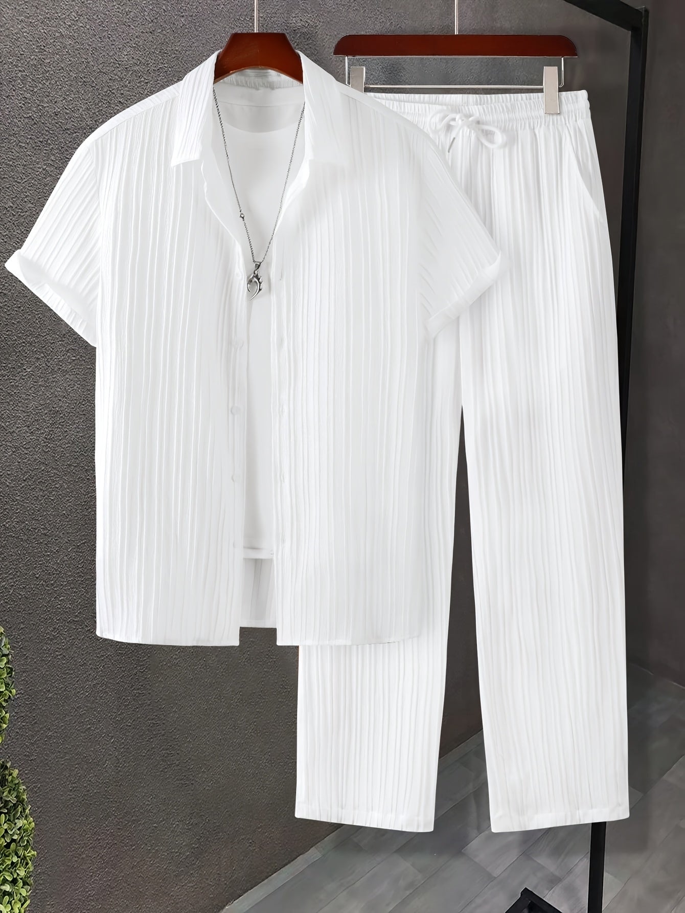 Men's Striped Casual Short-Sleeve Shirt + Casual Drawstring Lined Long Pants 2pcs Set with Elastic Waistband for Holiday Leisure Outings Cole Hampton