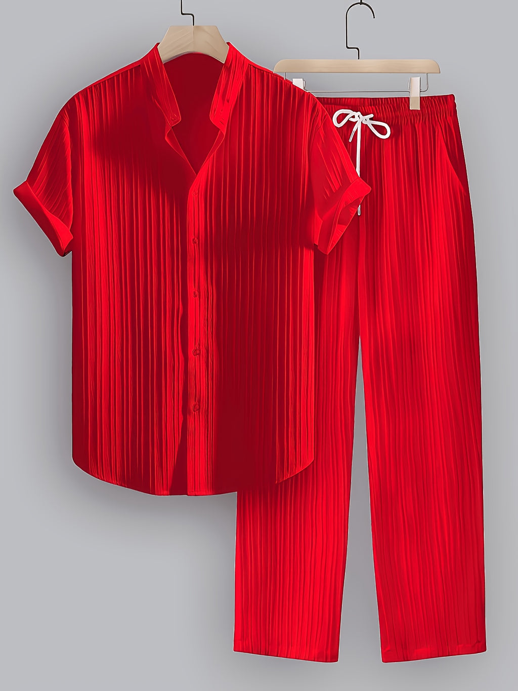 2pcs Men'S Summer Casual Striped Polyester Suit, Short-Sleeved Stand Collar Shirt And Drawstring Pants, Non-Stretch Woven Fabric, Regular Fit Suitable for Daily Wear And Beach Vacation, Solid Color, Beach Vacation Cole Hampton