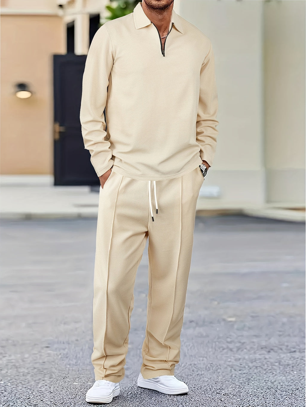 Men's 2pcs Solid Color Waffle Knit Casual Set: Long Sleeve Lapel Shirt, Long Sleeve Sweatshirt, and Solid Color Drawstring Pants. A Chic and Comfortable Casual Set Suitable for Men's Daily Casual Wear, Vacation Wear, and Spring/autumn Menswear Cole Hampton