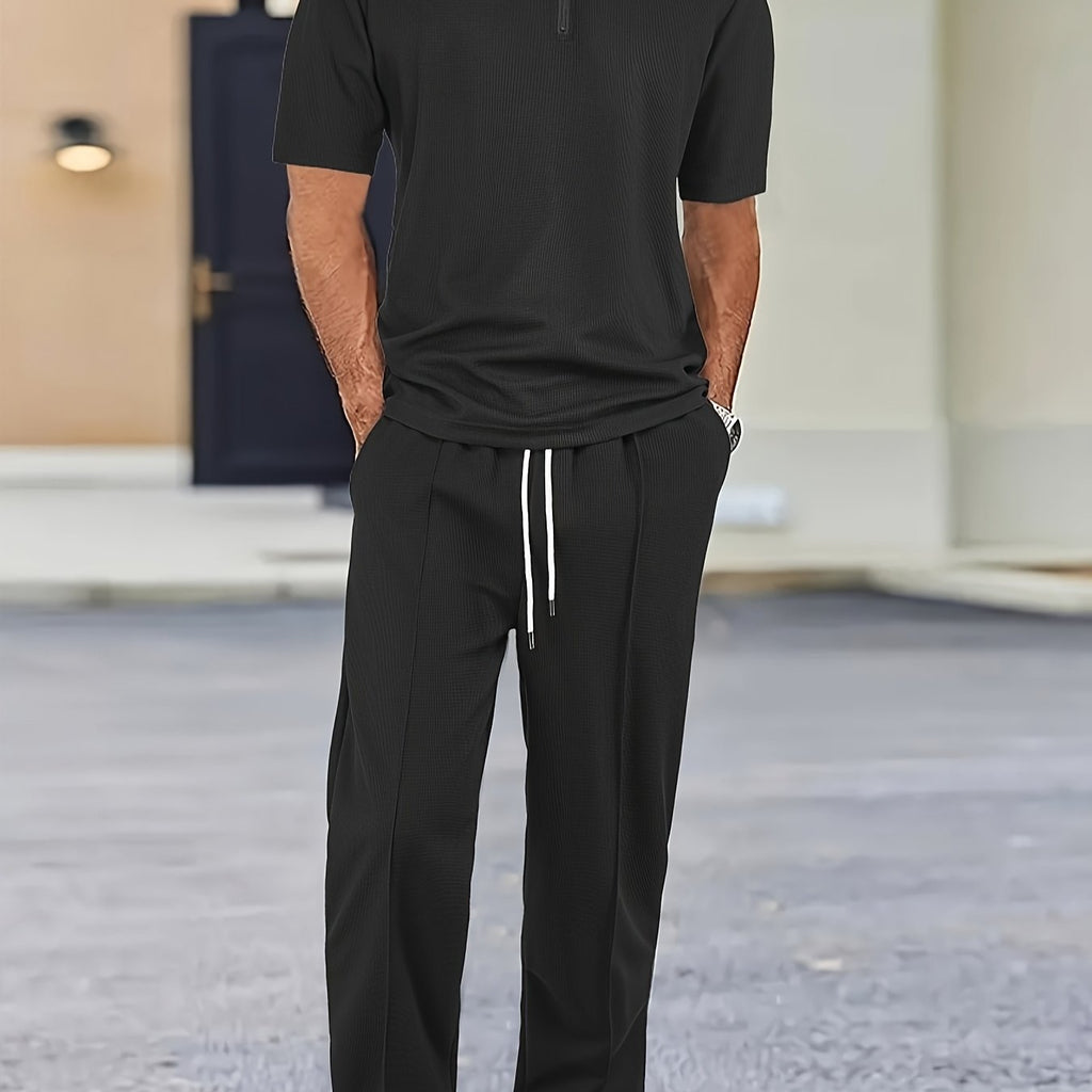 2pcs Men's Waffle Knit Casual Set with Zip-up Short-sleeve Lapel Shirt and Drawstring Pants, Suitable for Casual Daily Wear in Spring and Summer Cole Hampton