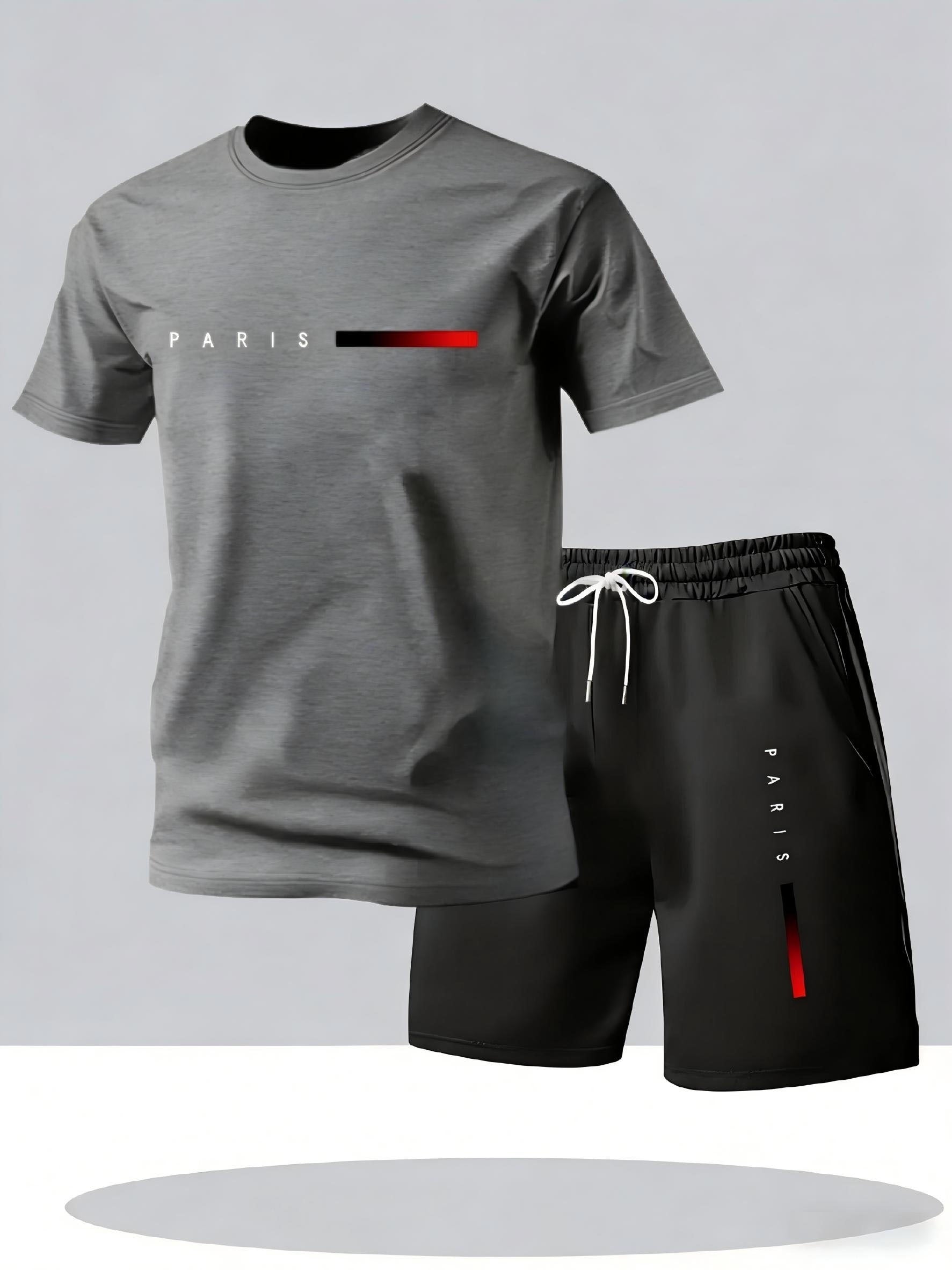 Summer Trend PARIS Print Pattern, Men's Fashion Casual T-shirt and Shorts Set Cole Hampton