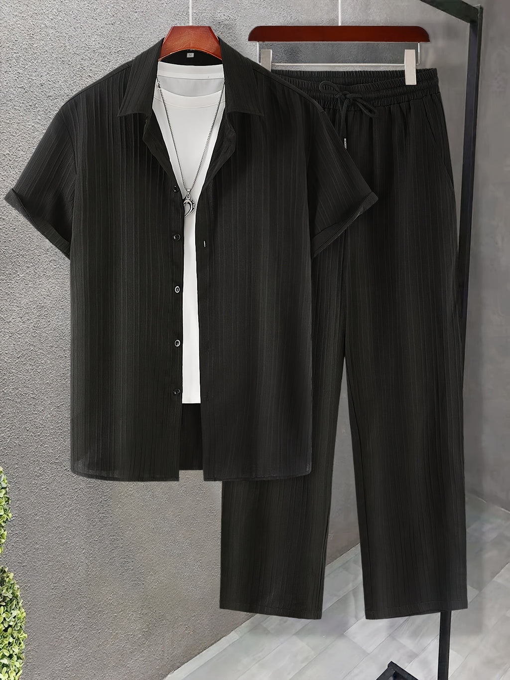 Men's Striped Casual Short-Sleeve Shirt + Casual Drawstring Lined Long Pants 2pcs Set with Elastic Waistband for Holiday Leisure Outings Cole Hampton