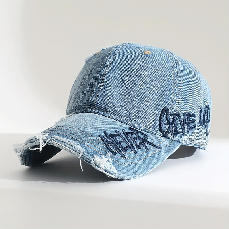 Distressed Denim Baseball Cap with Never Give Up Embroidery Cole Hampton
