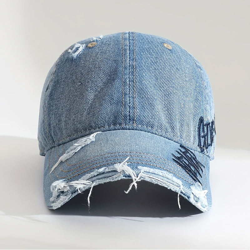 Distressed Denim Baseball Cap with Never Give Up Embroidery Cole Hampton